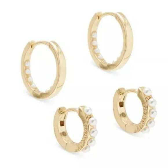 AllSaints Gold & Pearl Set of Huggie Hoop Earrings - Picture 1 of 4